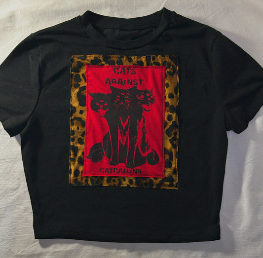 "Cats Againts Catcalling" handmade Black Crop Top