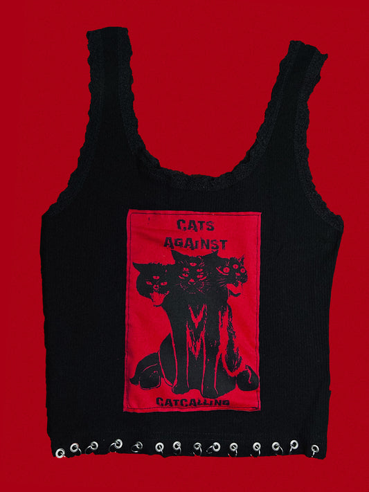 "Cats Againts Catcalling" handmade Black  Top