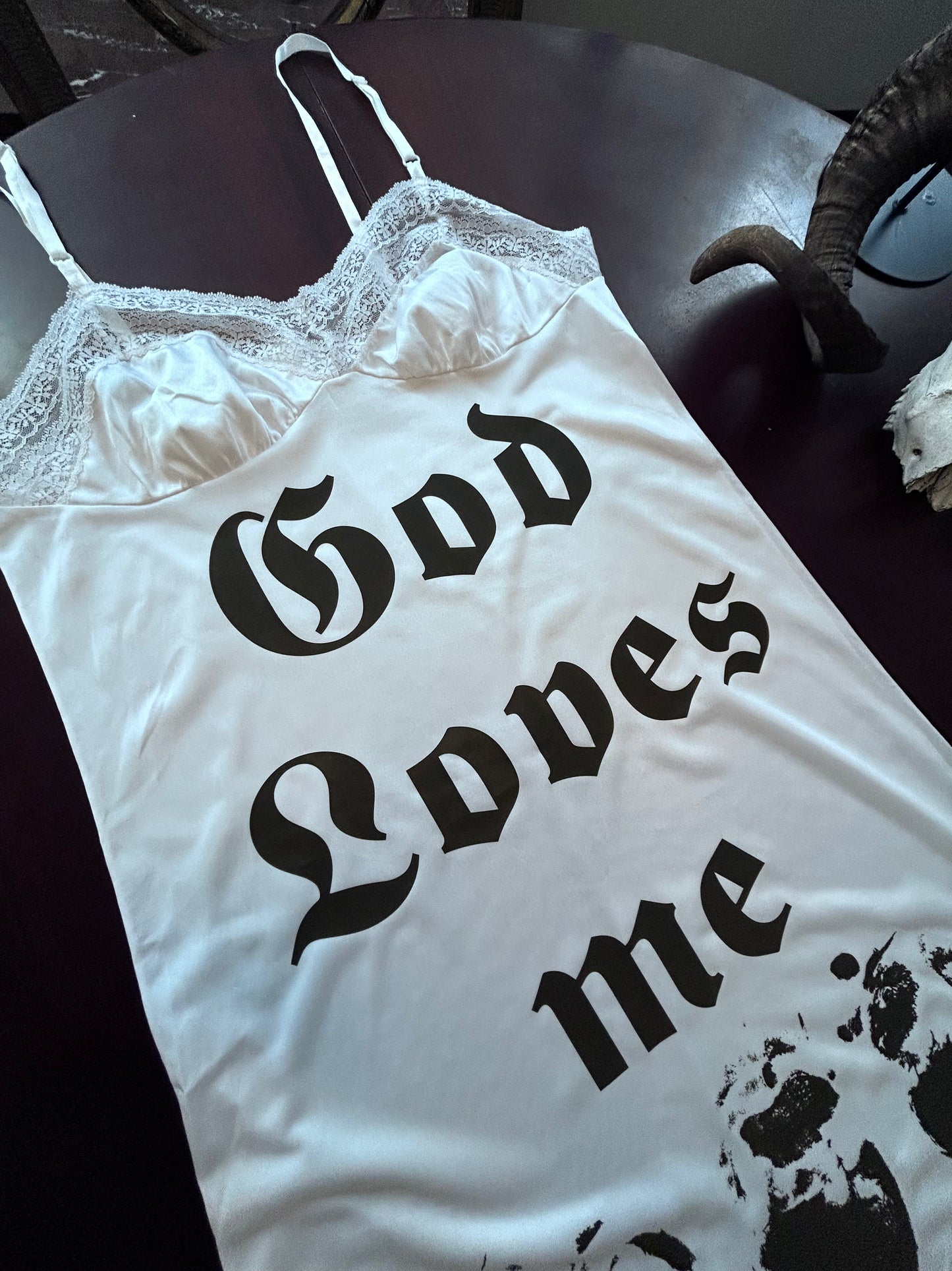 "God Loves Me" White Slip Dress