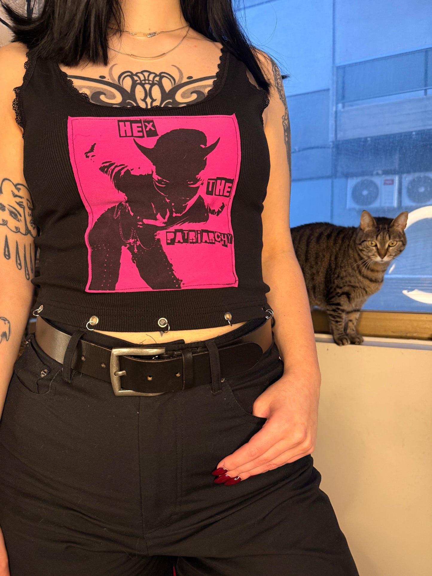 "Hex the patriarchy" handmade Black Top