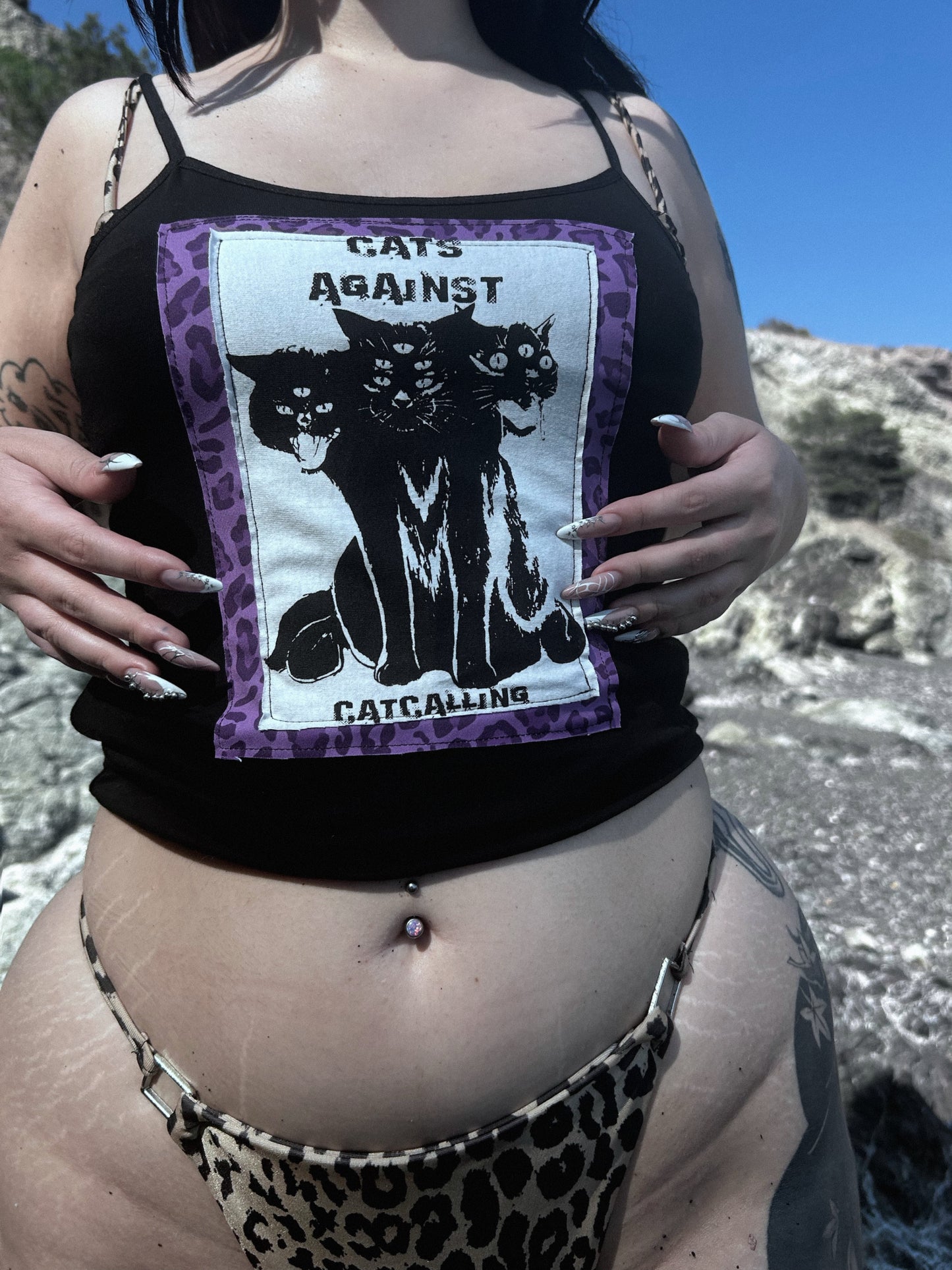 "Cats Againts Catcalling" handmade Black Tank Top