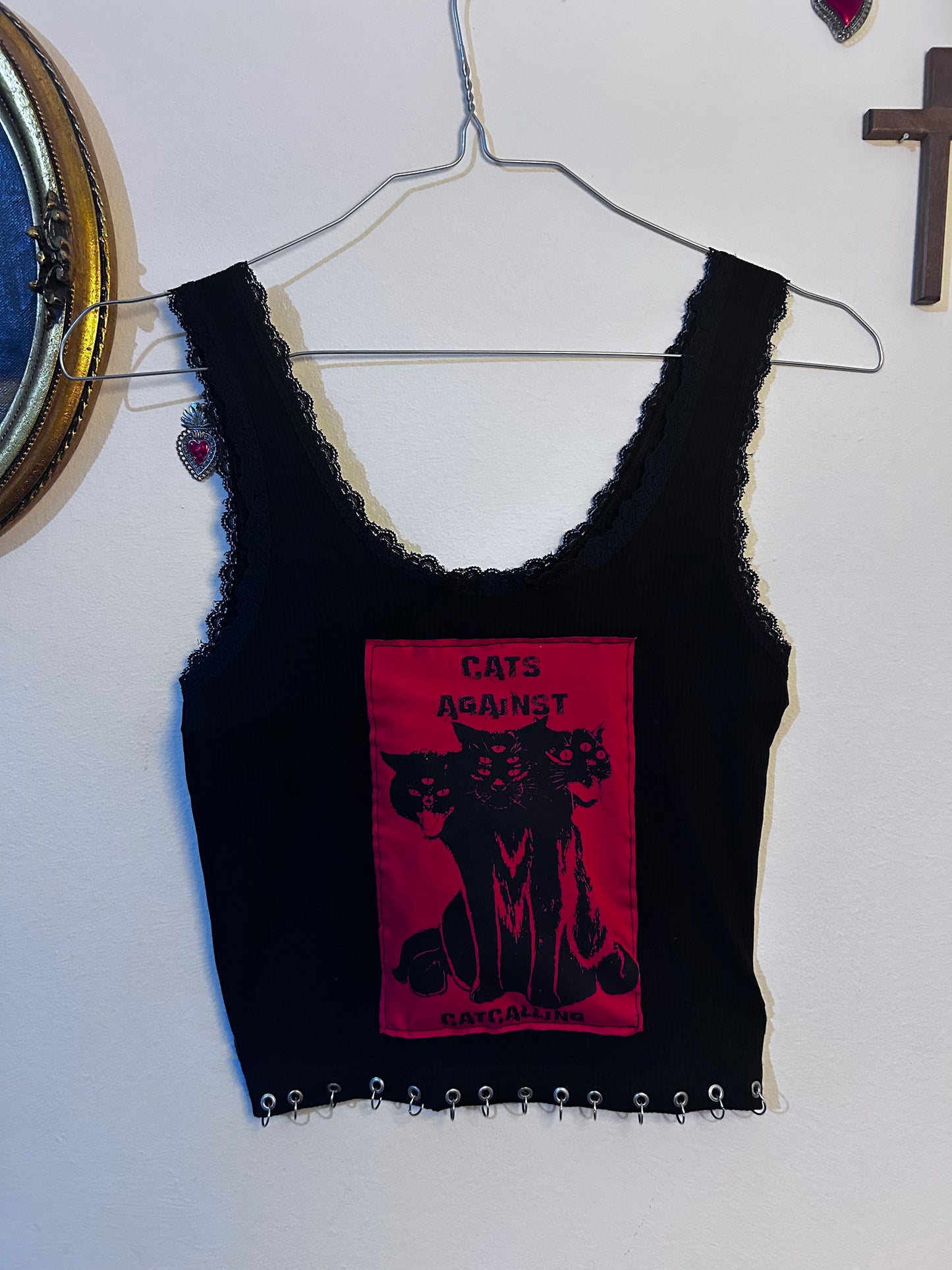 "Cats Againts Catcalling" handmade Black  Top